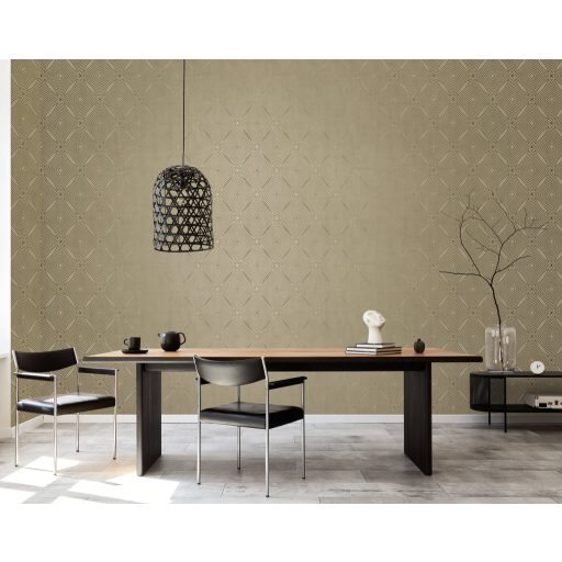 Fókuszált vizuális és fényenergia egy geometrikus mintában világosbarna alap és fémes arany tónusú mintavezetés tapéta