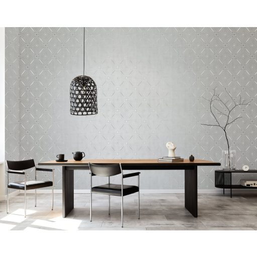 Fókuszált vizuális és fényenergia egy geometrikus mintában elegáns világosszürke alap és fémes ezüst tónusú mintavezetés tapéta