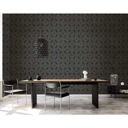 Fókuszált vizuális és fényenergia egy geometrikus mintában fekete alap és fémes ezüst tónusú mintavezetés tapéta