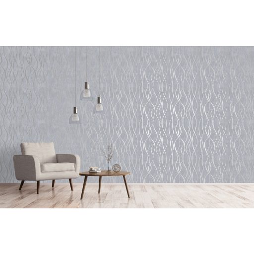 Fényjátékkal kápráztató grafikus vintage hullámminta ezüst ezüstszürke és fénylő ezüst tónus fémes hatás tapéta