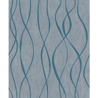   Fényjátékkal kápráztató grafikus vintage hullámminta zöldes-szürke ezüst és fénylő türkizzöld tónus fémes hatás tapéta