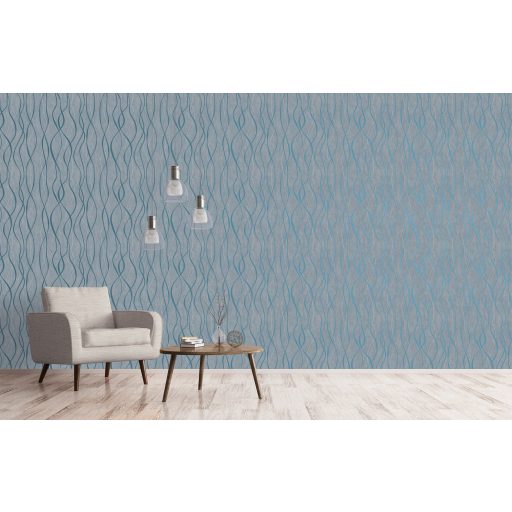 Fényjátékkal kápráztató grafikus vintage hullámminta zöldes-szürke ezüst és fénylő türkizzöld tónus fémes hatás tapéta