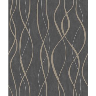   Fényjátékkal kápráztató grafikus vintage hullámminta sötétszürke ezüst és fénylő arany tónus fémes hatás tapéta