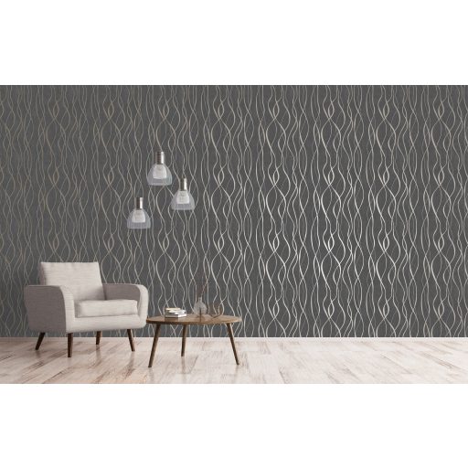 Fényjátékkal kápráztató grafikus vintage hullámminta sötétszürke ezüst és fénylő arany tónus fémes hatás tapéta