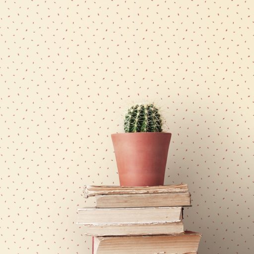 Apró levelek lágyan lebegő ritmusos mintája lágy krémszín és rózsás-bordó tónus tapéta