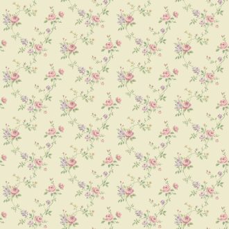   Miniatűr rózsák és finom levelek elegáns mintája bézs zöld púderrózsaszín és lila (levendula) tónus tapéta