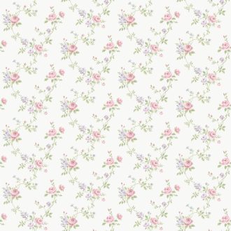   Miniatűr rózsák és finom levelek elegáns mintája fehér púderrózsaszín levendula és zöld tónus tapéta