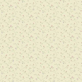   Klasszikus toile stílusú miniatűr botanikai motívum krém pasztell rózsaszín levendula és zöld tónus tapéta