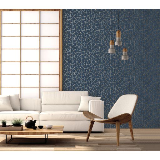 Pókhálóként szétterülő csillogó vonalak absztrakt hálózatmintája mélykék és arany tónus fémes hatás tapéta