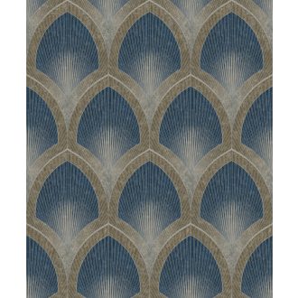   Art deco remekmű! Fémes vonalakkal aktualizált bravúros grafikai minta mély tengerkék és antikolt arany tónus fémes hatás tapéta