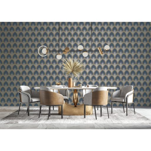 Art deco remekmű! Fémes vonalakkal aktualizált bravúros grafikai minta mély tengerkék és antikolt arany tónus fémes hatás tapéta