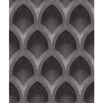   Art deco remekmű! Fémes vonalakkal aktualizált bravúros grafikai minta sötétbarna/antracit ezüstszürke és vörösréz tónus fémes hatás tapéta