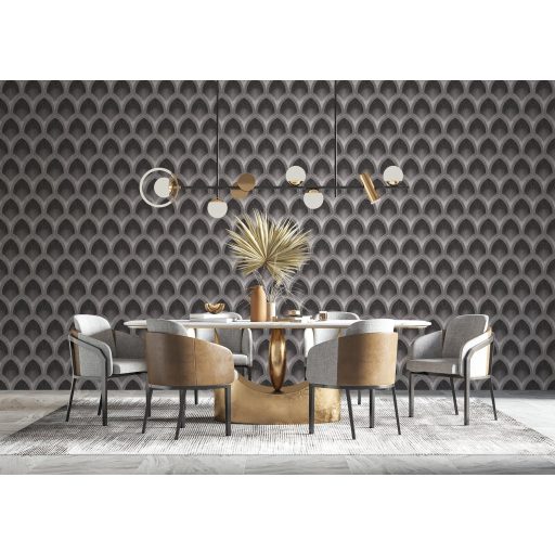 Art deco remekmű! Fémes vonalakkal aktualizált bravúros grafikai minta sötétbarna/antracit ezüstszürke és vörösréz tónus fémes hatás tapéta