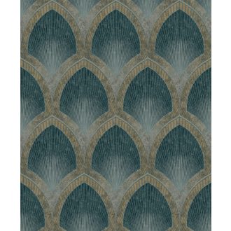   Art deco remekmű! Fémes vonalakkal aktualizált bravúros grafikai minta zöld smaragdzöld szürkésbarna és arany tónus fémes hatás tapéta