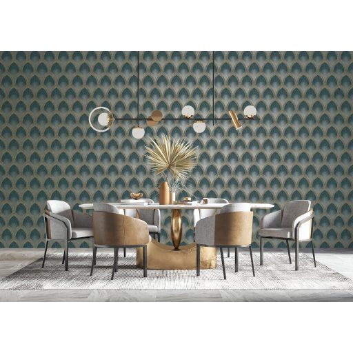 Art deco remekmű! Fémes vonalakkal aktualizált bravúros grafikai minta zöld smaragdzöld szürkésbarna és arany tónus fémes hatás tapéta