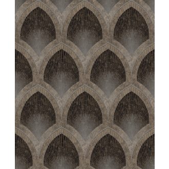   Art deco remekmű! Fémes vonalakkal aktualizált bravúros grafikai minta barna szürkésbarna bronz és vörösréz tónus fémes hatás tapéta