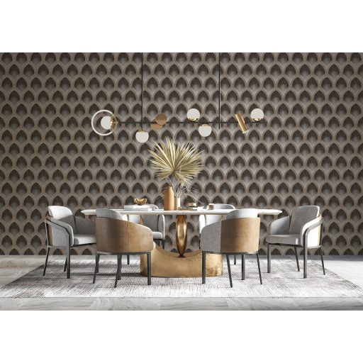 Art deco remekmű! Fémes vonalakkal aktualizált bravúros grafikai minta barna szürkésbarna bronz és vörösréz tónus fémes hatás tapéta