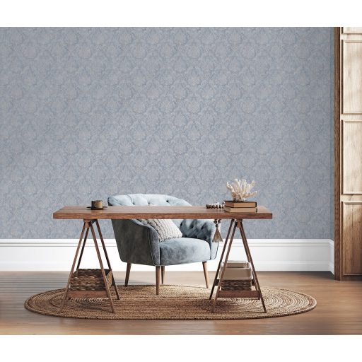 A dimenziók ura! Elképesztő háromdimenziós trendi damaszt motívum kék szürkéskék és ezüst tónus fémes mintarészletek tapéta