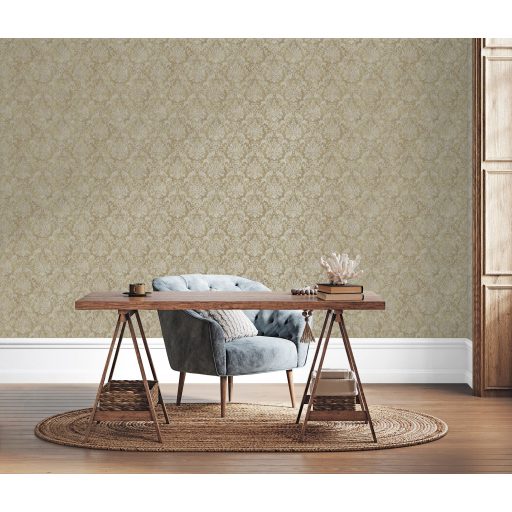 A dimenziók ura! Elképesztő háromdimenziós trendi damaszt motívum aranyló-homokszín krém és arany tónus fémes mintarészletek tapéta