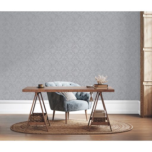 A dimenziók ura! Elképesztő háromdimenziós trendi damaszt motívum hamvas palaszürke és ezüst tónus fémes mintarészletek tapéta