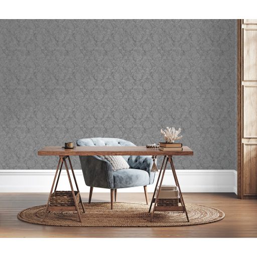 A dimenziók ura! Elképesztő háromdimenziós trendi damaszt motívum grafitszürke szürkéskék és ezüst tónus fémes mintarészletek tapéta