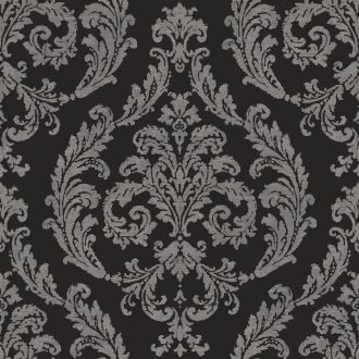   Klasszikus barokk díszítőminta textil háttéren fekete és szürke/ezüstszürke tónus finom fémes hatás tapéta