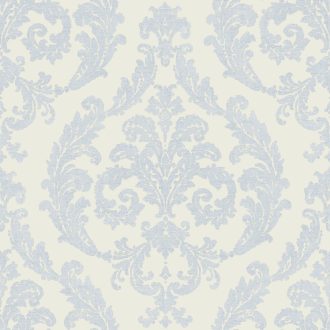   Klasszikus barokk díszítőminta textil háttéren törtfehér/szürkésfehér és ezüstös-kék tónus finom fémes hatás tapéta