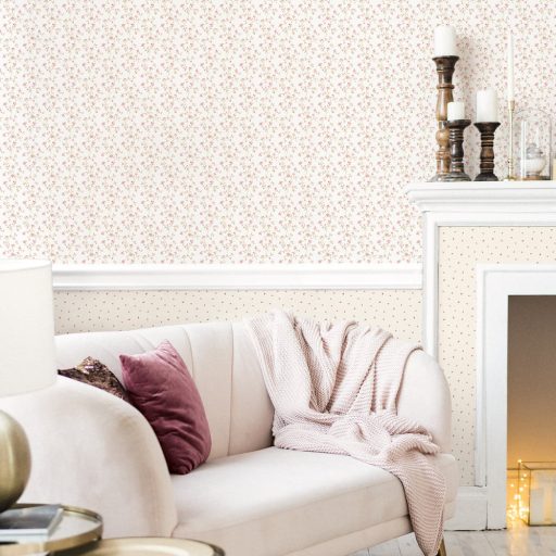 Kifejezetten nőies finom virágminta a kecsesség botanikai szinonímája porcellánfehér rózsaszín és zöld tónus tapéta