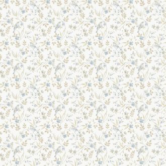   Költői romantika madárcsicsrgéssel! Bájos és harmonikus virágmotívum törtfehér kék szürke/zöldesszürke és aranybarna tónus tapéta