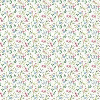   Költői romantika madárcsicsrgéssel! Bájos és harmonikus virágmotívum törtfehér rózsaszín kék és smaragdzöld tónus tapéta