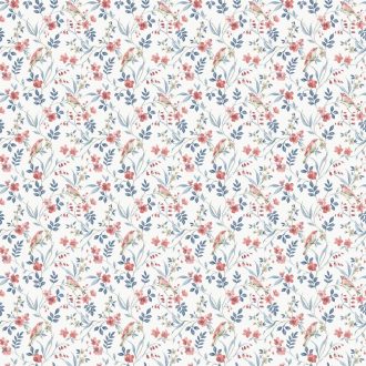   Költői romantika madárcsicsrgéssel! Bájos és harmonikus virágmotívum fehér kék korallpiros és szürke tónus tapéta