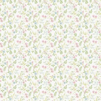   Költői romantika madárcsicsrgéssel! Bájos és harmonikus virágmotívum fehér és pasztell tónusok -  kék zöld rózsaszín - tapéta