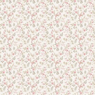   Költői romantika madárcsicsrgéssel! Bájos és harmonikus virágmotívum krémfehér púderrózsaszín zöld és szürkésbézs tónus tapéta