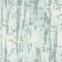   Festői stílusú bambuszágak és levelek akvarell ábrázolás vízzöld/kék zöldeskék törtfehér sárga tónus fémes ezüst mintarajzolat tapéta