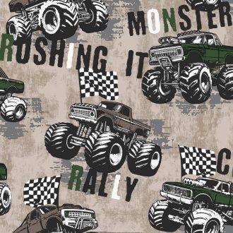   Zúzó monster truck-ok és dübörgő motorok benzingőz mámorban szürkésbézs terepzöld grafit fekete és fehér tónus tapéta