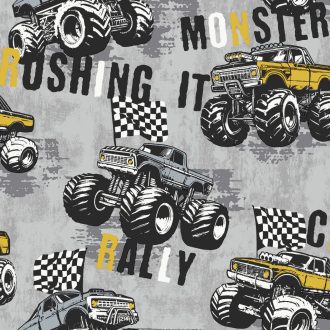  Zúzó monster truck-ok és dübörgő motorok benzingőz mámorban aszfaltszürke sárga grafit fekete és fehér tónus tapéta