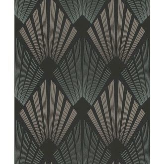   Szimmetrikusan rendezett legyezőformák Art deco mintája antracit koromfekete zöld és arany tónus finom fény tapéta
