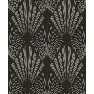   Szimmetrikusan rendezett legyezőformák Art deco mintája antracit éjfekete szürkésbézs és arany tónus finom fény tapéta