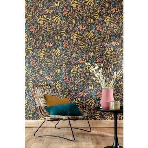 Caselio Green Life 101694129 JOY Natur botanikus levélágak levelek fekete okkersárga rózsaszín arany tapéta