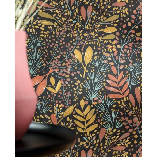 Caselio Green Life 101694129 JOY Natur botanikus levélágak levelek fekete okkersárga rózsaszín arany tapéta