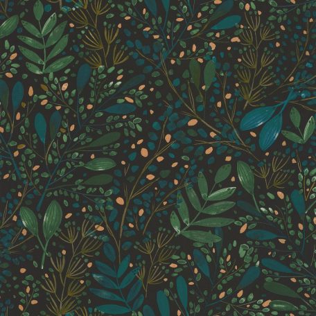Caselio Green Life 101697692 JOY Natur botanikus levélágak levelek fekete kék zöld arany tapéta