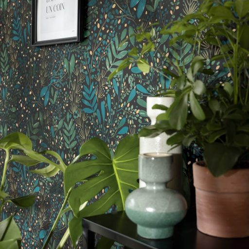 Caselio Green Life 101697692 JOY Natur botanikus levélágak levelek fekete kék zöld arany tapéta