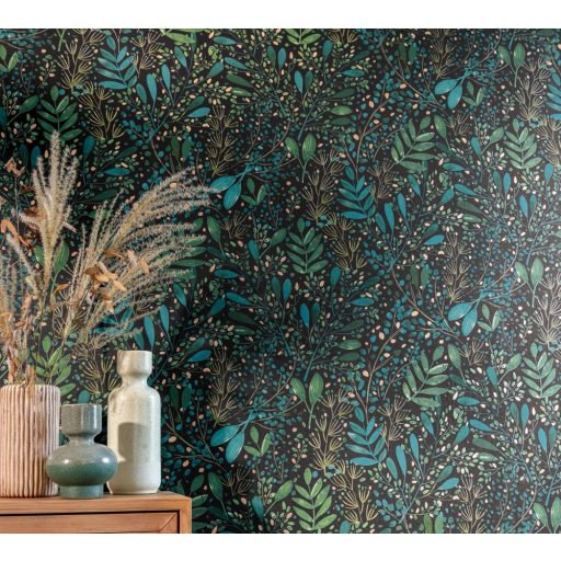 Caselio Green Life 101697692 JOY Natur botanikus levélágak levelek fekete kék zöld arany tapéta
