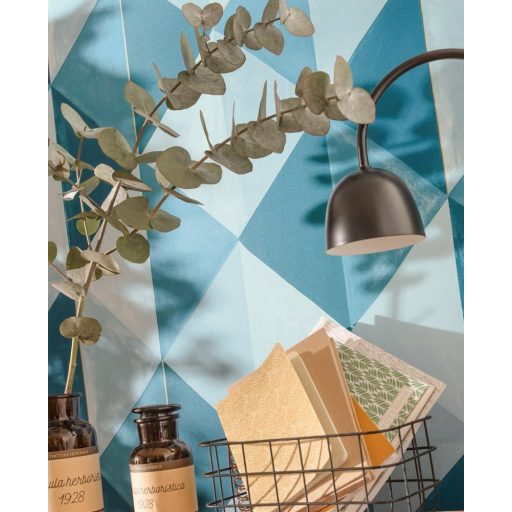 Caselio Green Life 101706027 PLENITUDE Geometrikus díszítőminta szürke szürkéskék kék árnyalatok arany tapéta