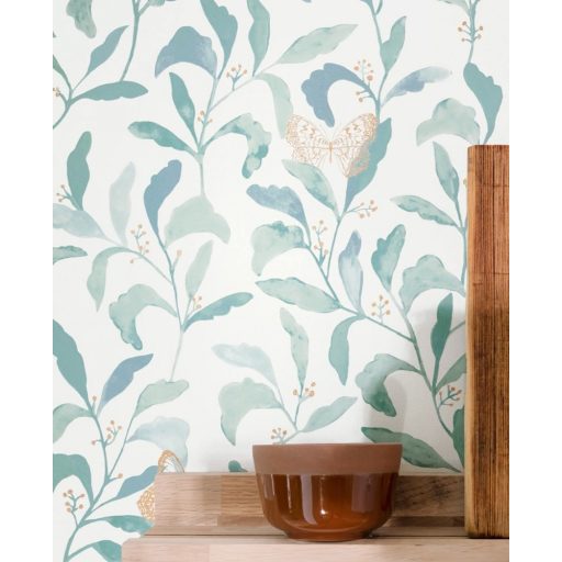 Caselio Green Life 101716023 SWEET Natur botanikus levelek pillangók fekér szürke kék zöldeskék arany tapéta