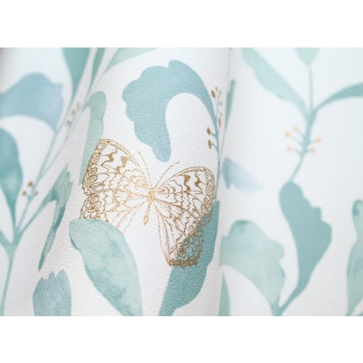 Caselio Green Life 101716023 SWEET Natur botanikus levelek pillangók fekér szürke kék zöldeskék arany tapéta