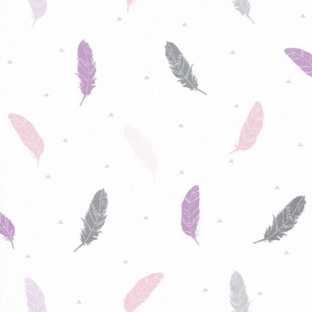 Caselio Girl Power 100775111  Gyerekszobai natur szines tollak fehér lila rózsaszín ezüst tapéta