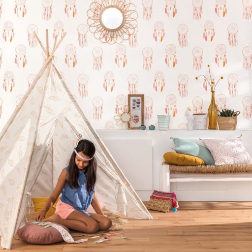 Girl Power 100784219  Gyerekszobai etno álomfogó fehér rózsaszín pink aranysárga tapéta