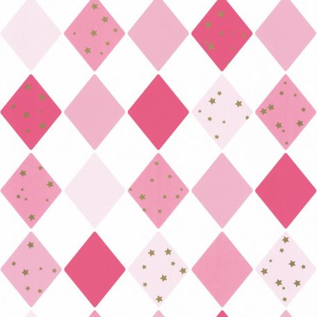 Gyerekszobai geometrikus szines rombuszminta csillagokkal fehér pink rózsaszín arany tapéta