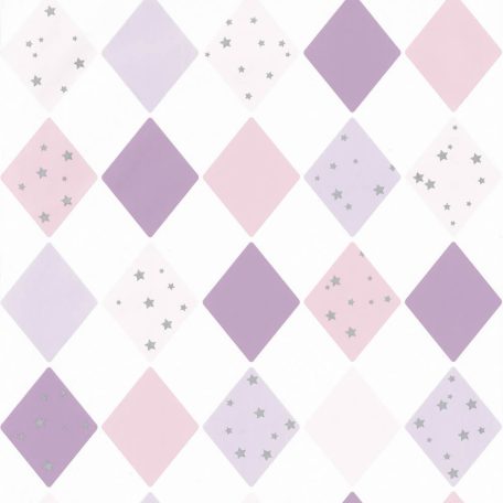 Gyerekszobai geometrikus szines rombuszminta csillagokkal fehér lila rózsaszín ezüst tapéta